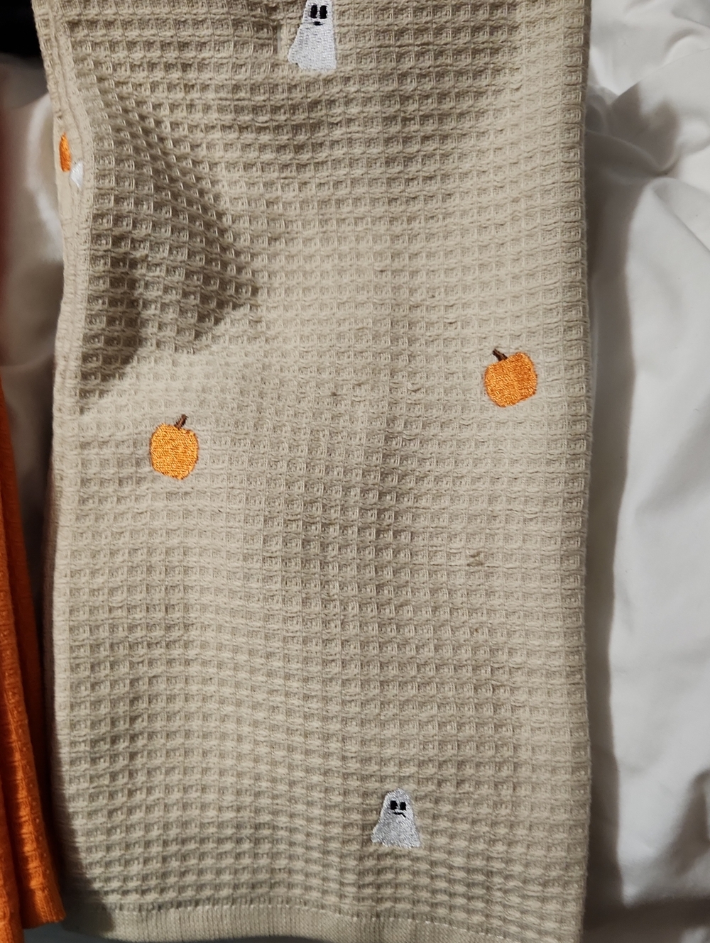 Halloween Waffle Knit Beige with Orange Pumpkin Embroidery